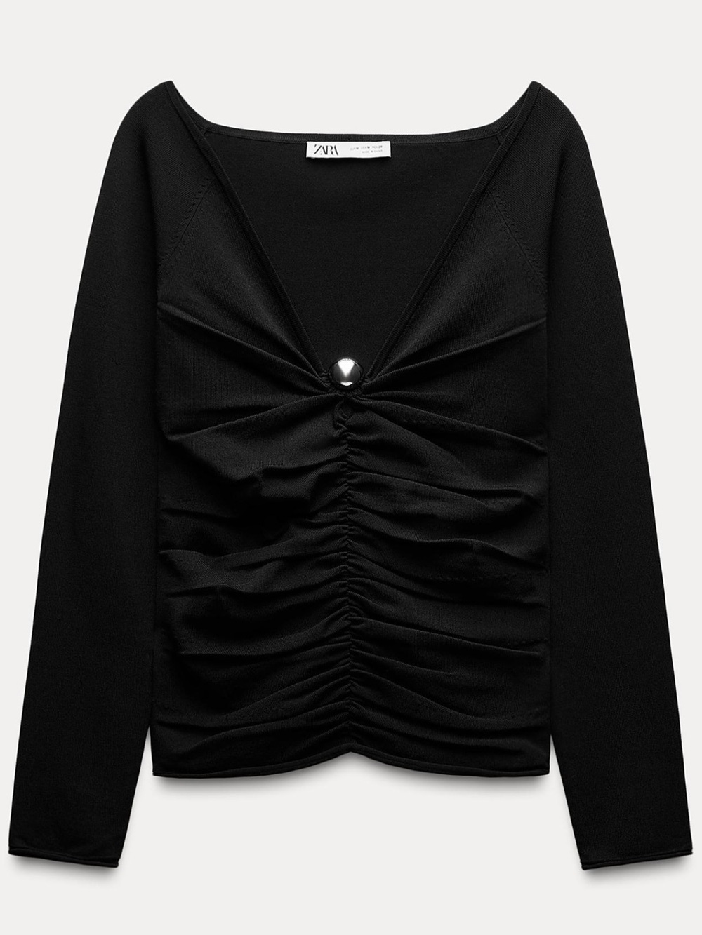 ZARA Black Draped Knit Bobble Appliqué Top